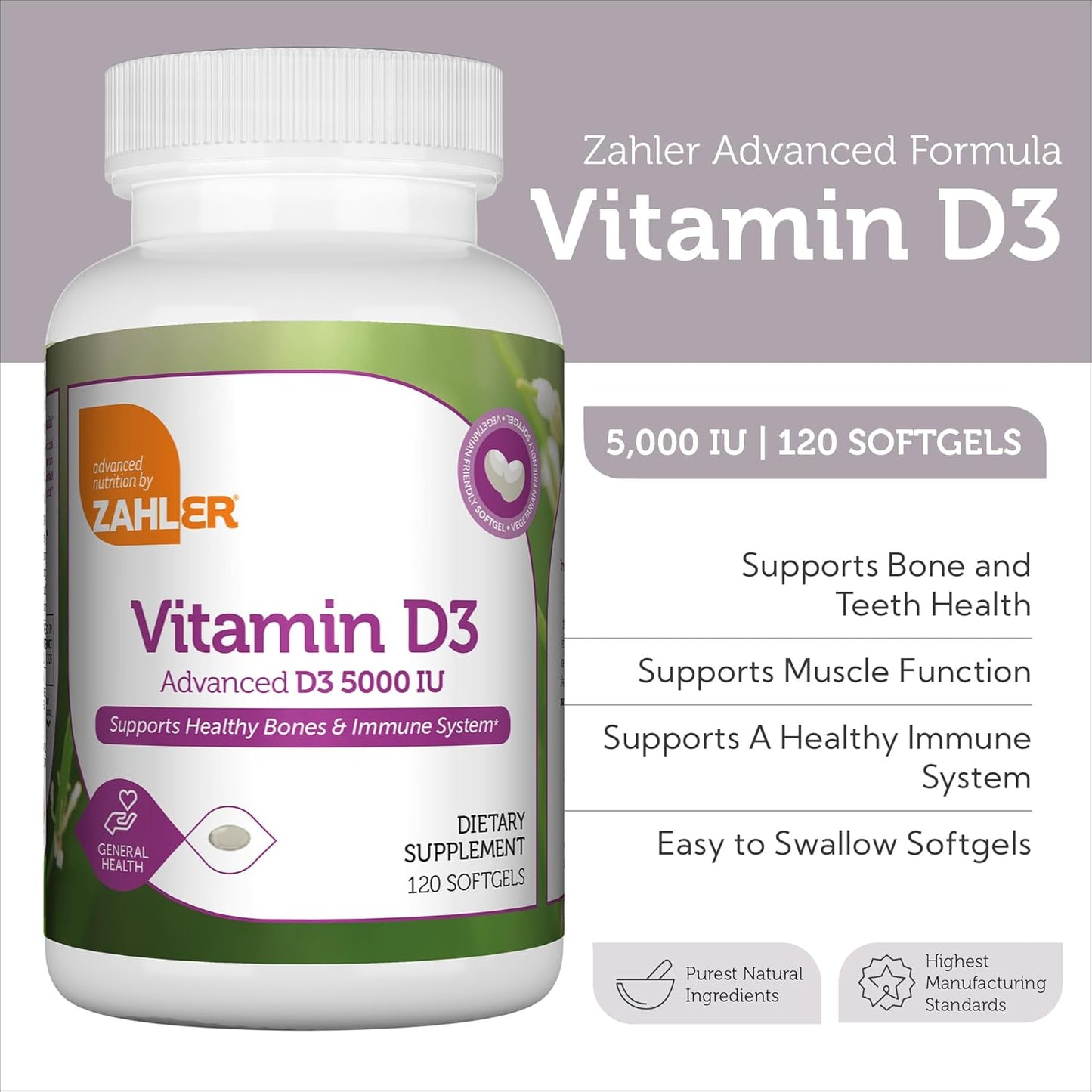Zahler Advanced Vitamin D3 5000 IU Teeth & Muscle Health Supplement 120 Softgels