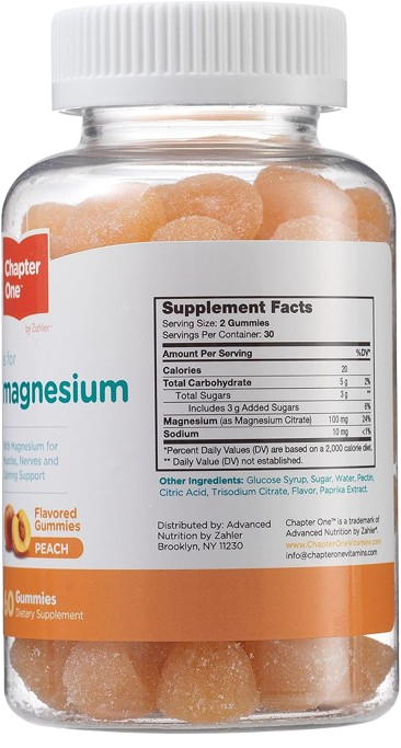 Chapter One Magnesium Gummies Peach flavour bottle showing children's magnesium gummies serving size