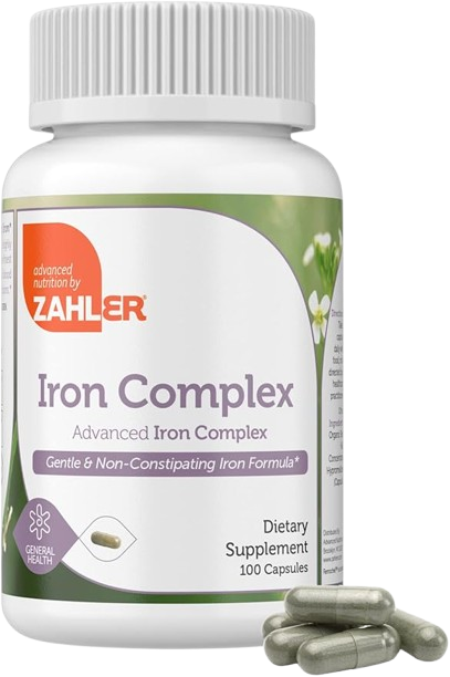 Back Label of Zahler Iron Complex Listing Ferrous Iron Supplement Benefits and B12 Folate