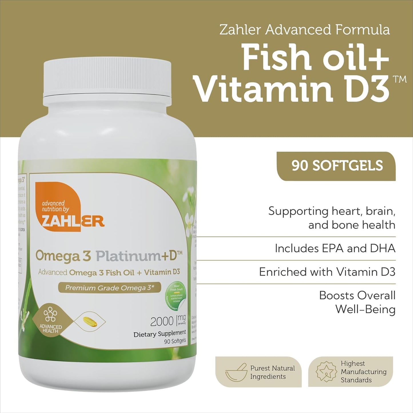 Adult Omega 3 Platinum +D All-Natural Pure Fish Oil Supplement, 90c