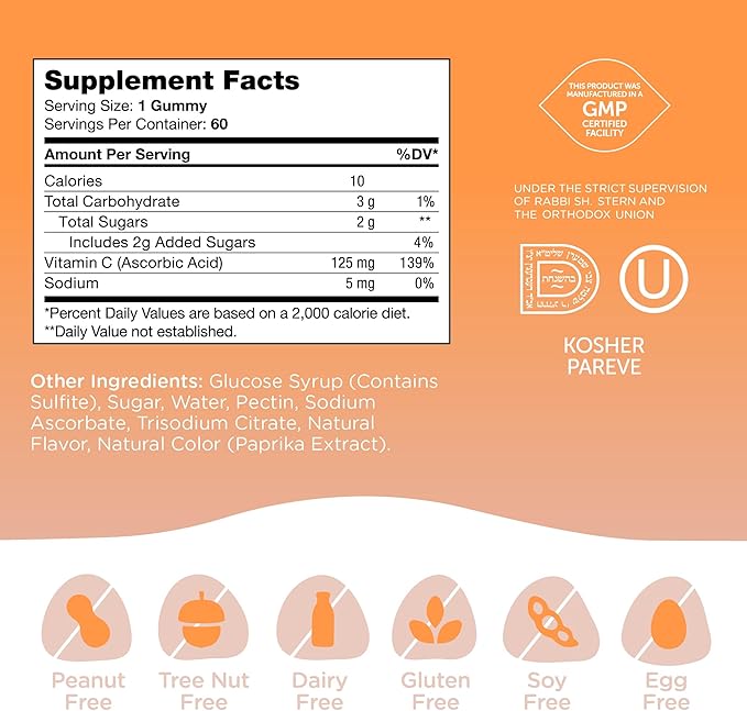 Chapter One, Vitamin C Kosher Orange Gummies 125 mg for Adults & Kids, 60c