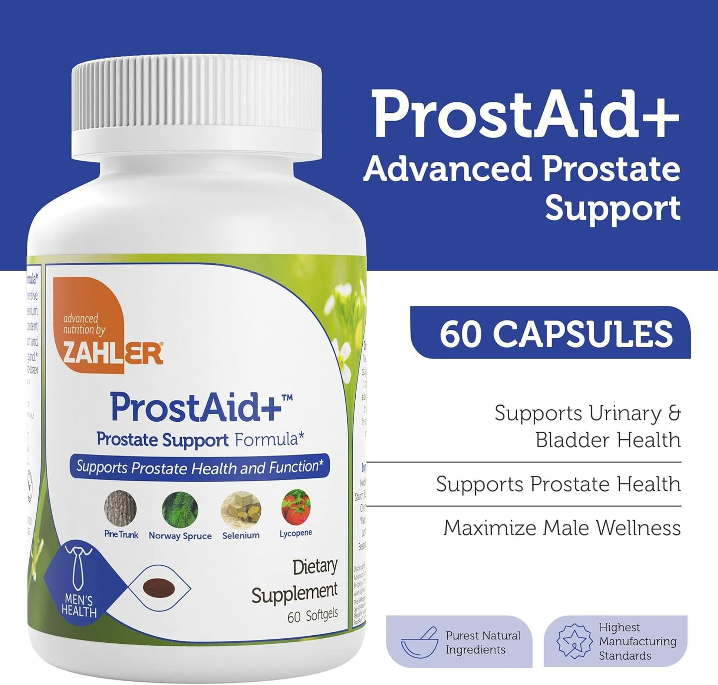 ProstAid+ Prostate Supplements for Men with Lycopene & Norway Spruce for Urine Flow, Prostate Support - Made in USA, Kosher - Prostate Health Supplements for Men (60 Vegetarian Softgels)