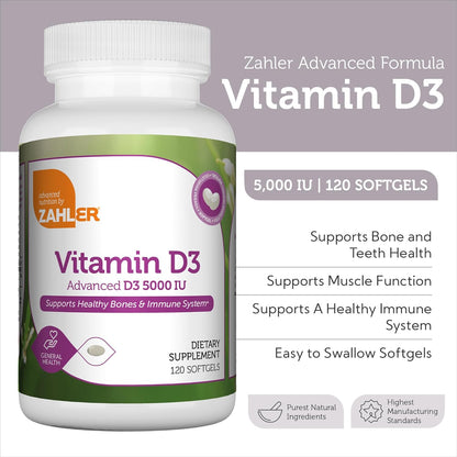 Zahler Advanced Vitamin D3 5000 IU Teeth & Muscle Health Supplement 120 Softgels