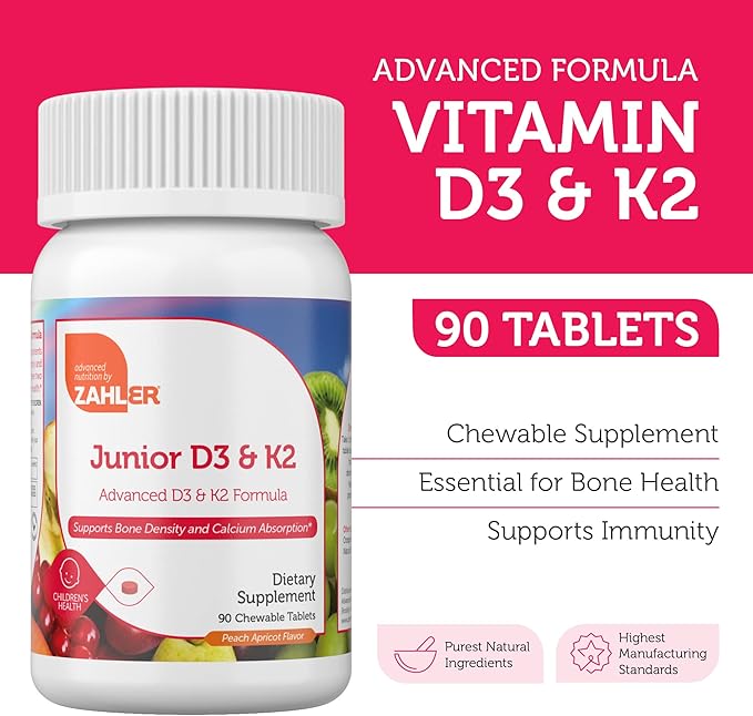 Junior Vitamin D3 + K2 Chewable Tablets for Kids, 90 Count