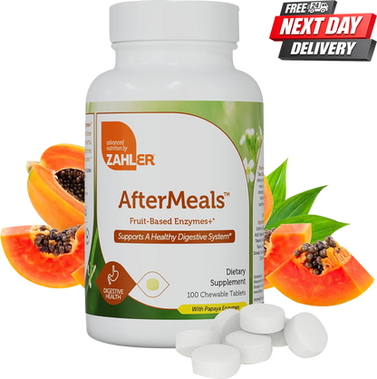 Back Label of AfterMeals Digestive Enzyme Supplement Listing Papain and DGL Licorice Benefits