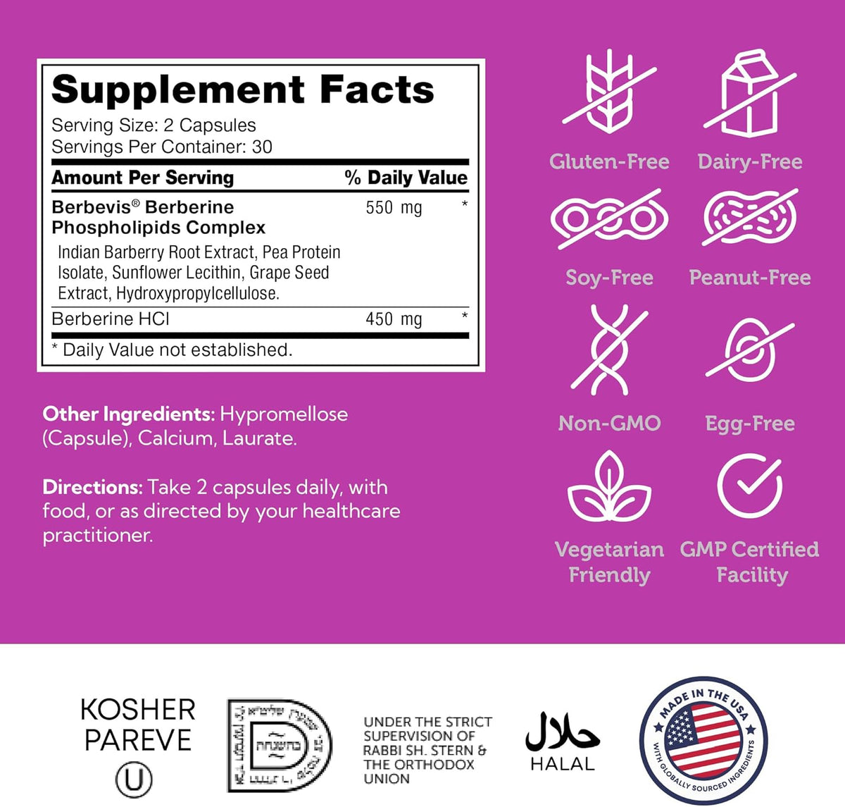 Berberine Supplement Facts Label – Berbevis and Berberine HCL Dosage Panel