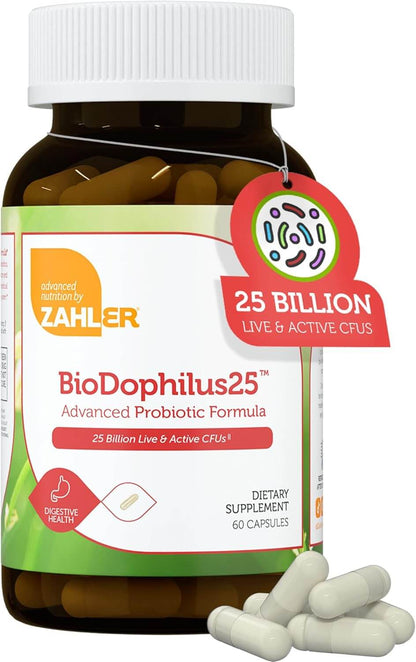 BioDophilus probiotic capsules bottle showcasing 25 billion live CFUs for digestive health in 60 capsules.