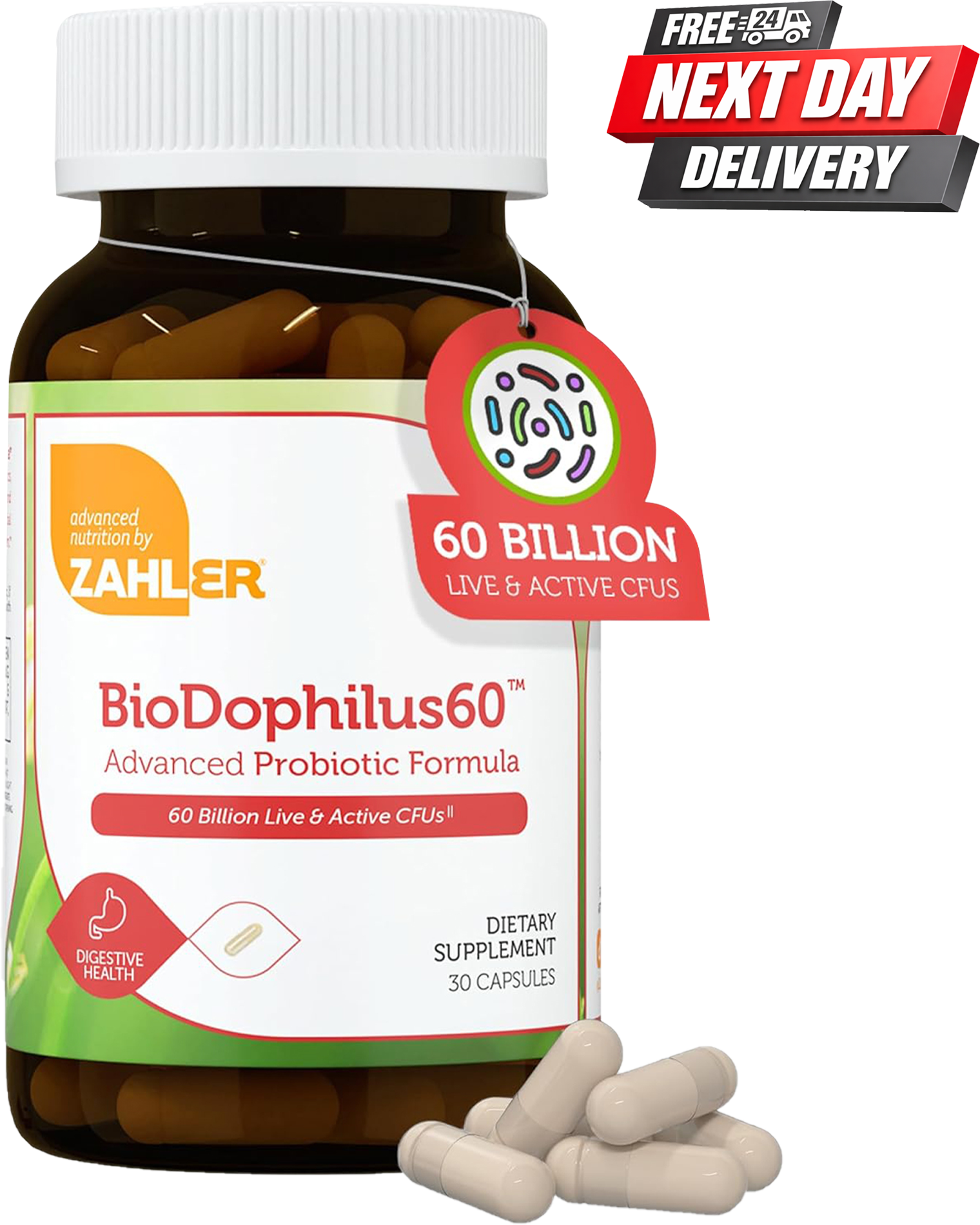 BioDophilus probiotic capsules bottle showcasing 25 billion live CFUs for digestive health in 60 capsules.