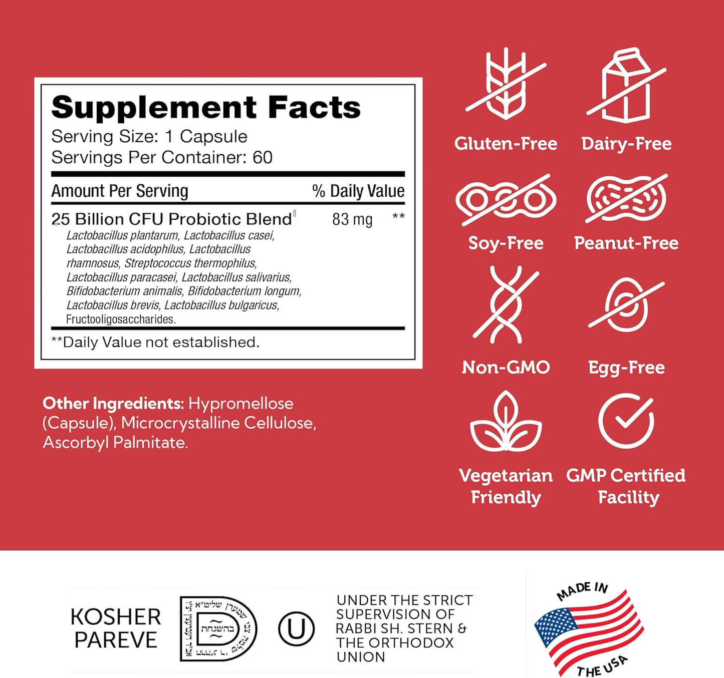 Supplement facts for BioDophilus probiotic capsules, highlighting 25 Billion CFU, gluten-free, non-GMO and dietary info.