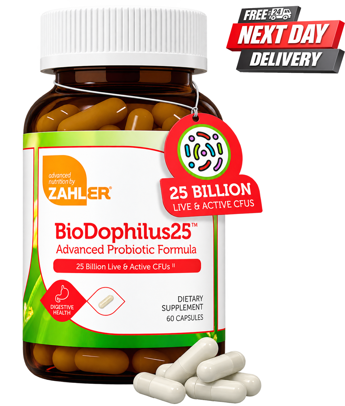 BioDophilus probiotic capsules bottle showcasing 25 billion live CFUs for digestive health in 60 capsules.