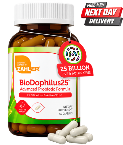 BioDophilus probiotic capsules bottle showcasing 25 billion live CFUs for digestive health in 60 capsules.