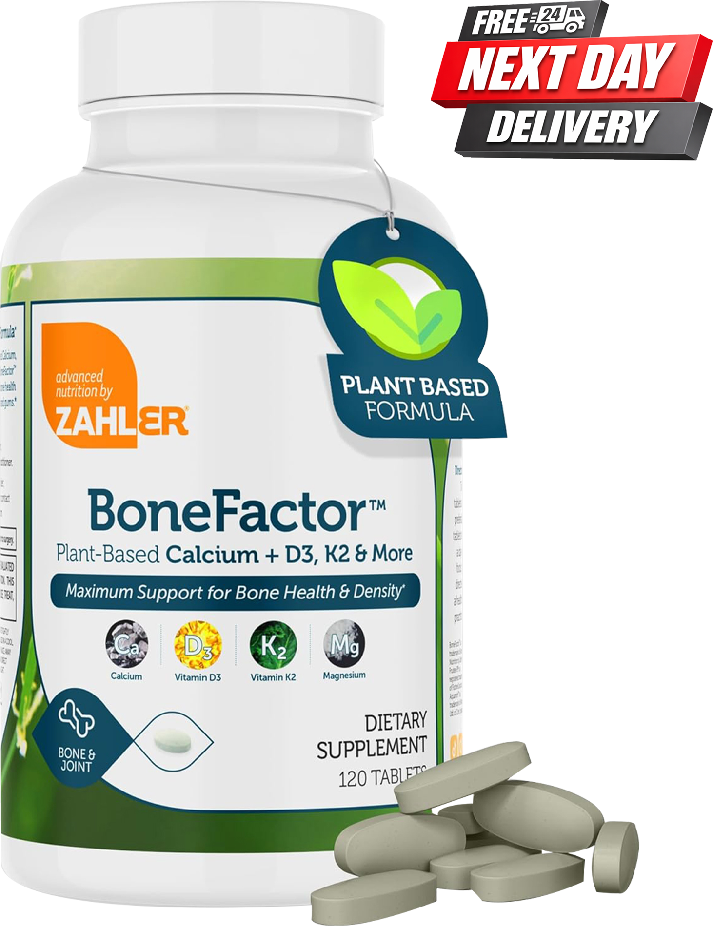Zahler BoneFactor calcium tablets bottle with vitamin D3 K2 for bone strength, 120 tablets