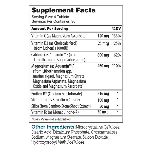 BoneFactor supplement facts panel showing calcium, vitamin D3 K2 and magnesium for bone health