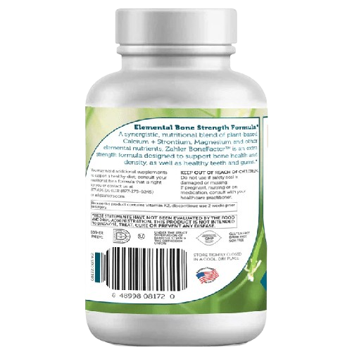 Zahler BoneFactor bottle back label listing vitamin D3 K2 calcium supplement ingredients
