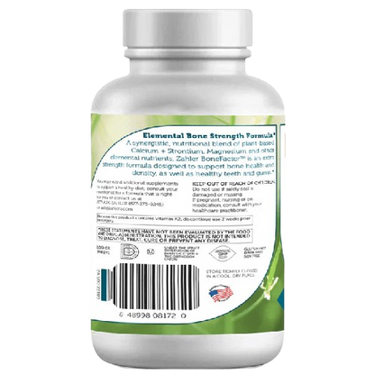 Zahler BoneFactor bottle back label listing vitamin D3 K2 calcium supplement ingredients