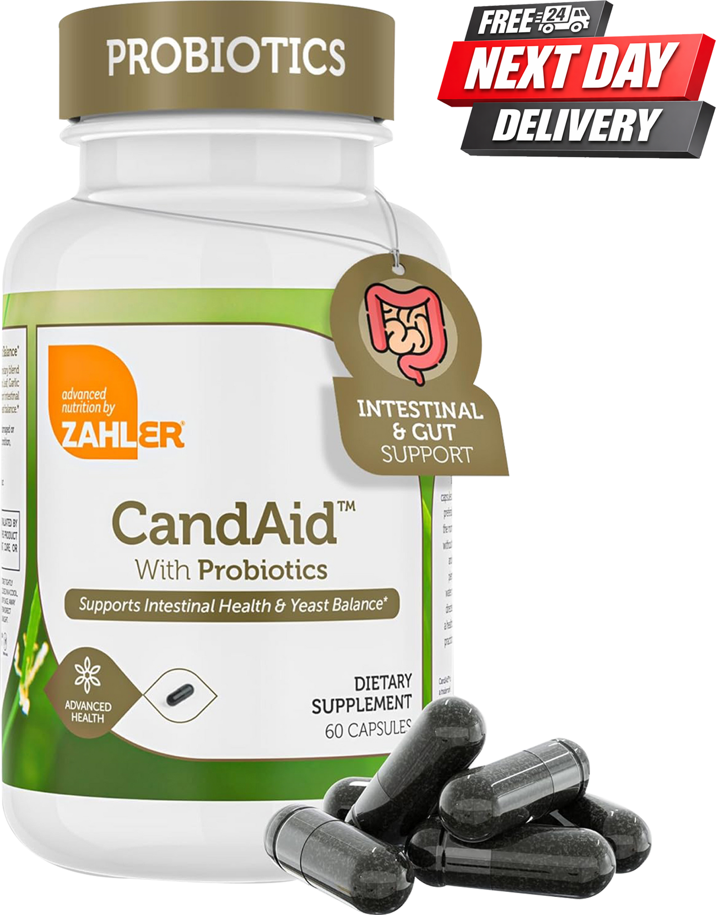 Zahler CandAid probiotic supplement bottle for gut health and yeast balance, 60 capsules