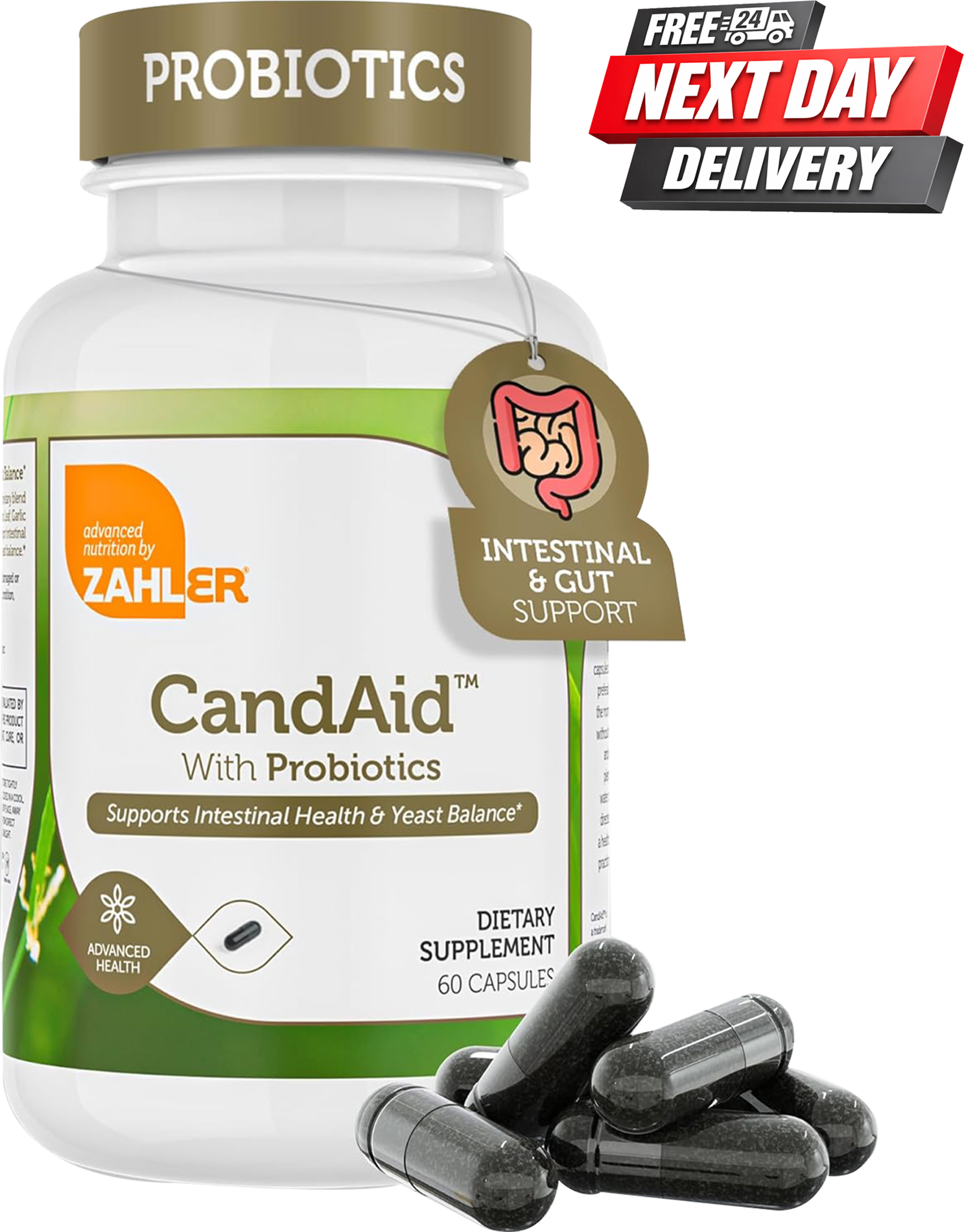 Zahler CandAid probiotic supplement bottle for gut health and yeast balance, 60 capsules