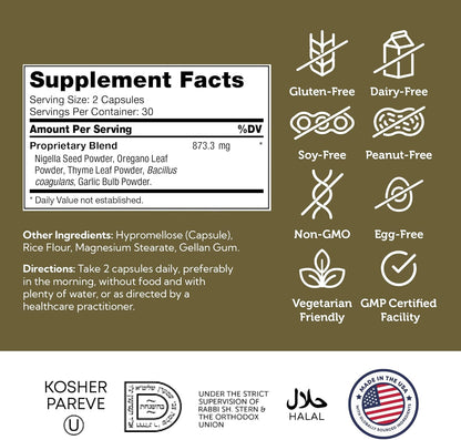 CandAid gut health supplement label showing probiotics for yeast balance with oregano and garlic