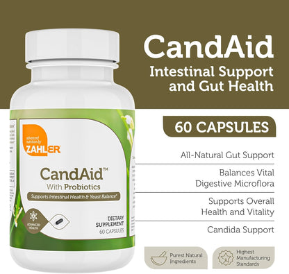 Zahler CandAid best probiotics for gut health, side view of 60 capsule bottle