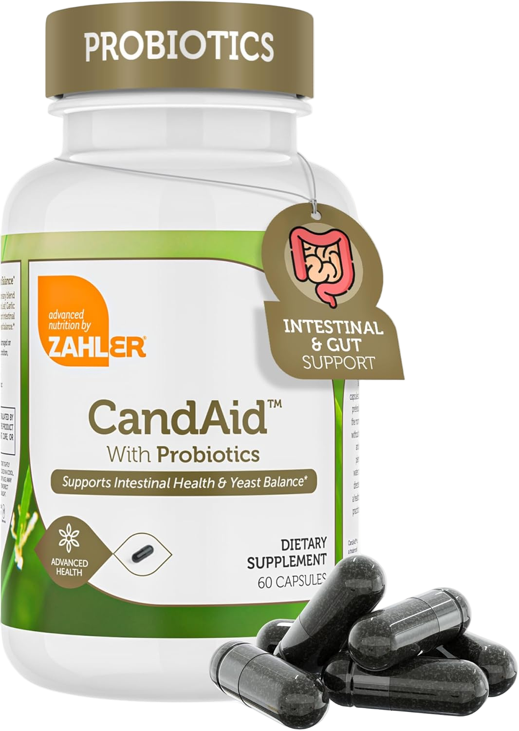 Zahler CandAid gut health supplement badges: Kosher, Halal, Non-GMO and Gluten-Free