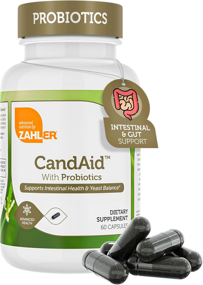 Zahler CandAid gut health supplement badges: Kosher, Halal, Non-GMO and Gluten-Free