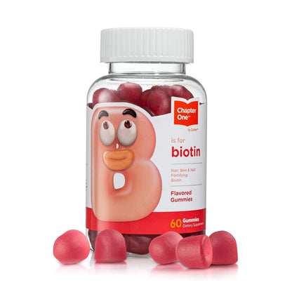 Chapter One Biotin Gummies bottle side panel showing hair vitamin biotin gummies serving
