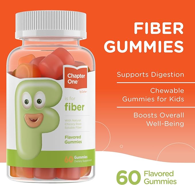 Supplement facts label for Chapter One Fiber Gummies showing 3.3g chicory root fiber