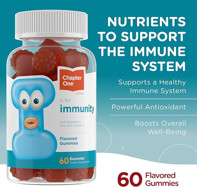 Supplement facts label for Chapter One Immunity Gummies showing 45mg Vitamin C and Zinc Citrate