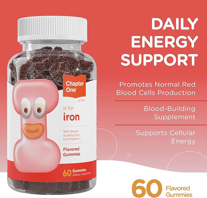 Chapter One Iron Gummies ingredients infographic for red blood cells and energy support