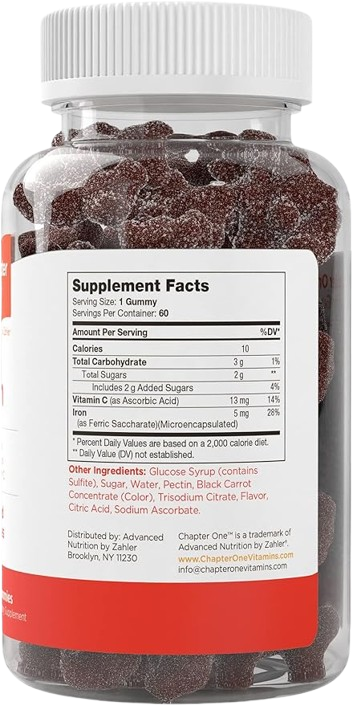 Chapter One Iron Gummies bottle back with Kosher, Halal and gluten free certification badges