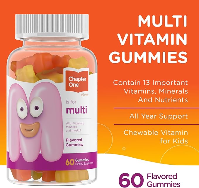 Supplement facts label for Chapter One Kids Multivitamin Gummies showing Vitamin C, D3 and Zinc