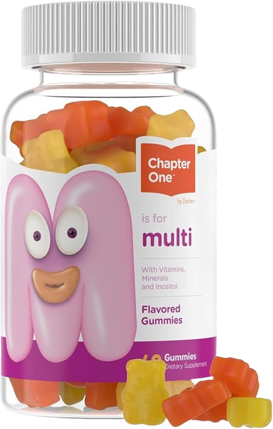 Chapter One Kids Multivitamin Gummies bottle back with Kosher, Halal and gluten free badges