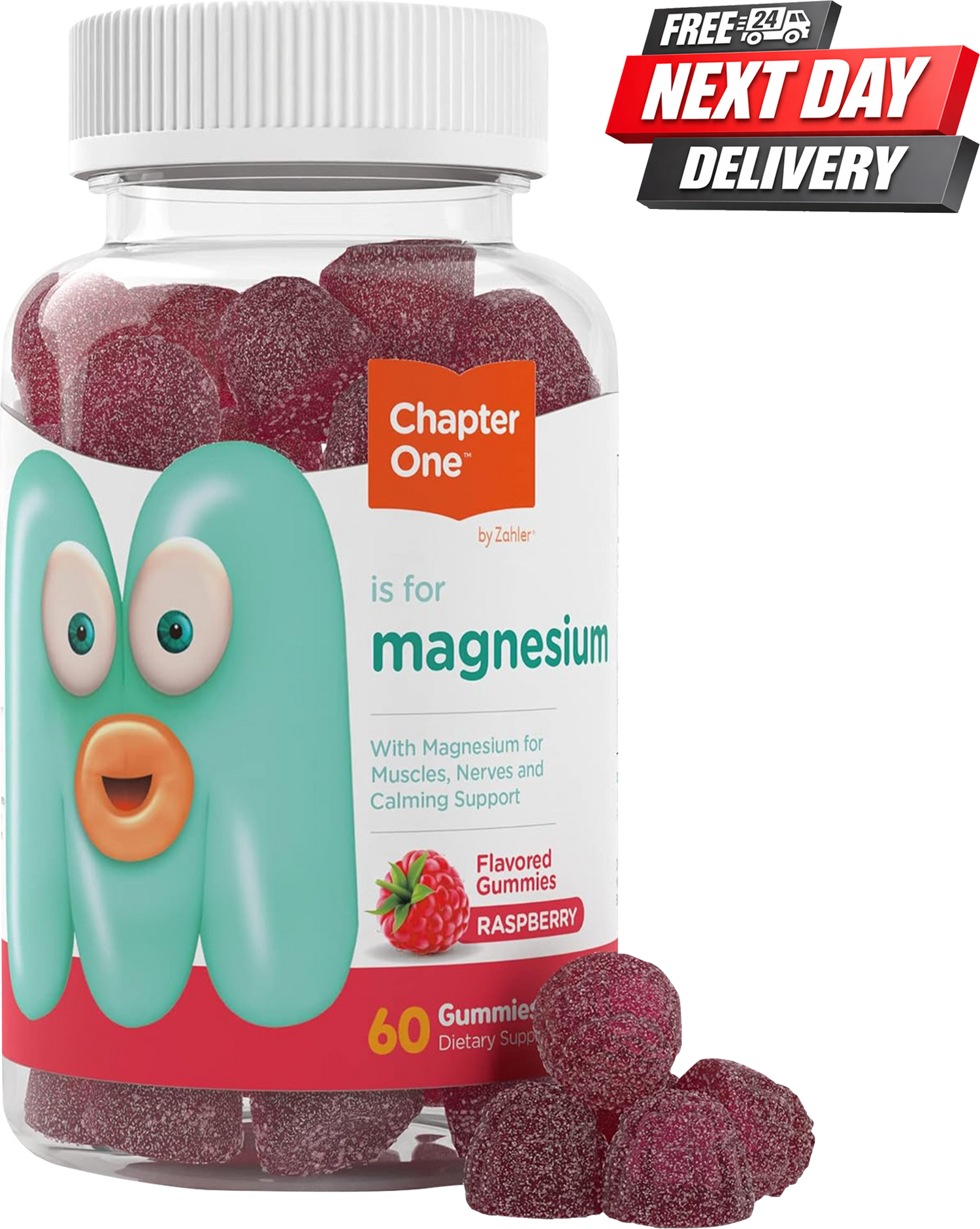 Chapter One Magnesium Gummies Raspberry flavour bottle with 100mg magnesium citrate, 60 count