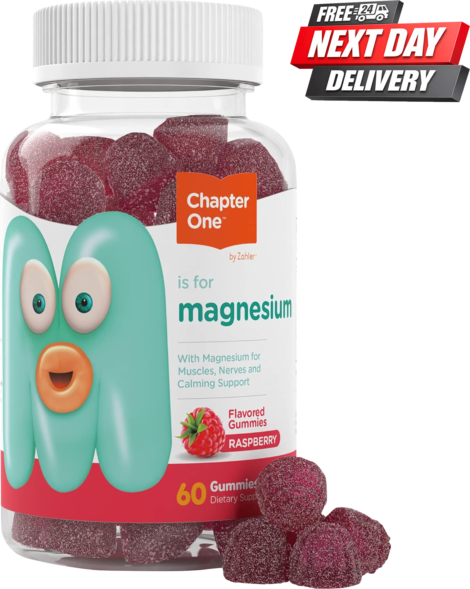 Chapter One Magnesium Gummies Raspberry flavour bottle with 100mg magnesium citrate, 60 count