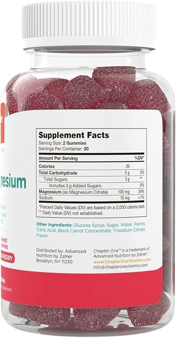 Zahler Chapter One Magnesium Gummies Raspberry bottle angled view for kids sleep gummies