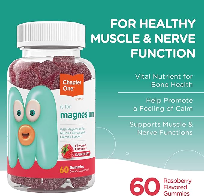 Supplement facts label for Chapter One Magnesium Gummies Raspberry showing 100mg Magnesium Citrate