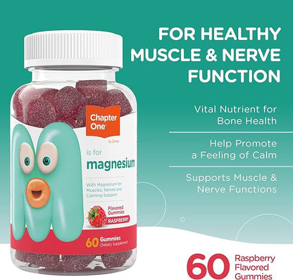 Supplement facts label for Chapter One Magnesium Gummies Raspberry showing 100mg Magnesium Citrate