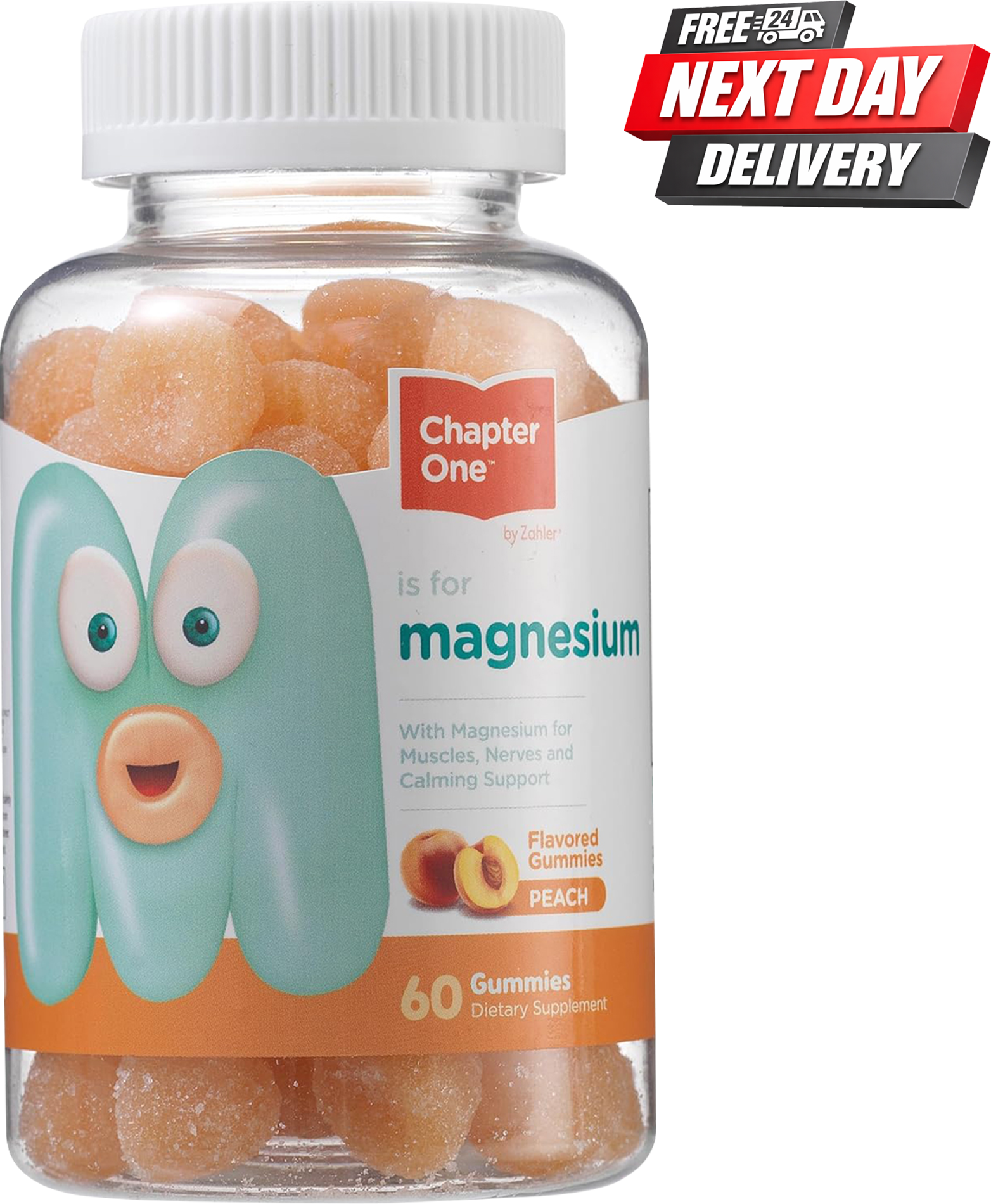 Chapter One Magnesium Gummies Peach flavour bottle with 100mg magnesium citrate, 60 count