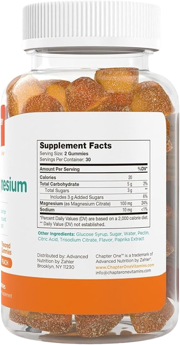 Chapter One Magnesium Gummies Peach bottle back with Kosher, Halal and gluten free badges