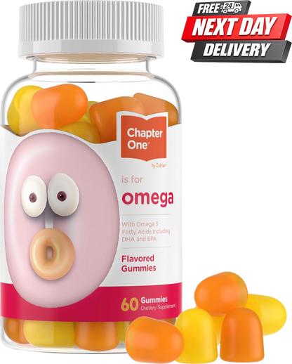 Chapter One Omega 3 Gummies bottle with DHA and vegetarian omega 3 for kids, 60 count
