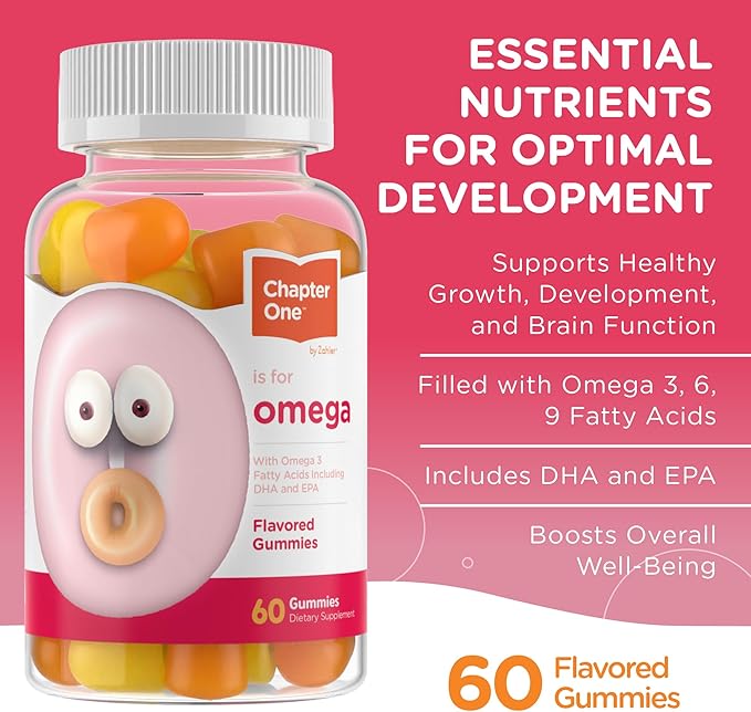 Supplement facts label for Chapter One Omega 3 Gummies showing DHA, Omega 3, 6 and 9