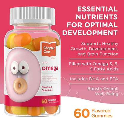 Supplement facts label for Chapter One Omega 3 Gummies showing DHA, Omega 3, 6 and 9