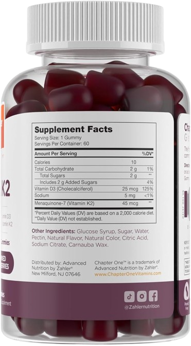 D3 K2 Gummies Supplement Facts Label – 1000 IU D3 and 45 mcg K2 Dosage