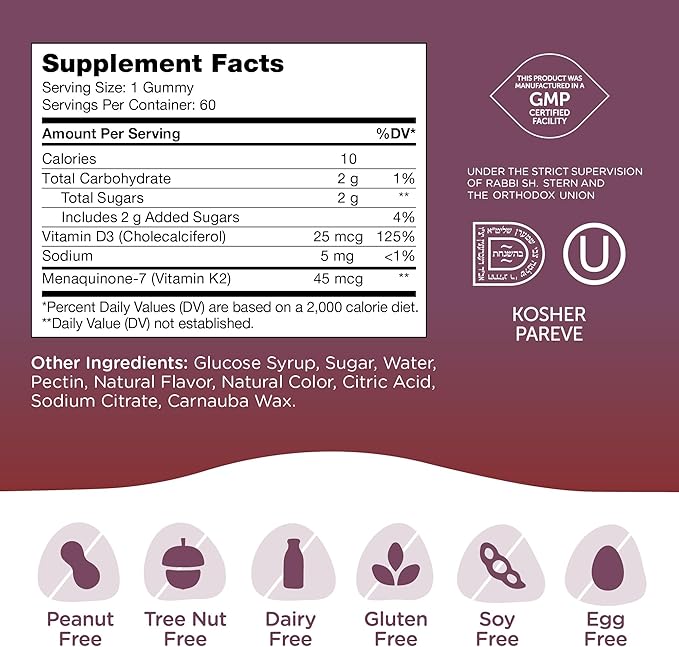 D3 K2 Gummies for Kids 60 Count Bottle Side Label – Kosher and Halal Formula