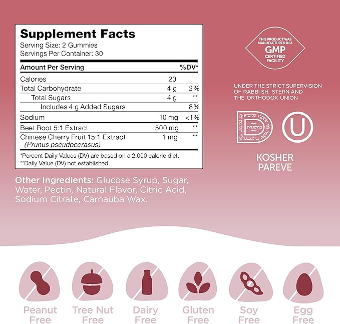 Beet Root Gummies 60 Count Bottle Side Label – Kosher and Halal Formula