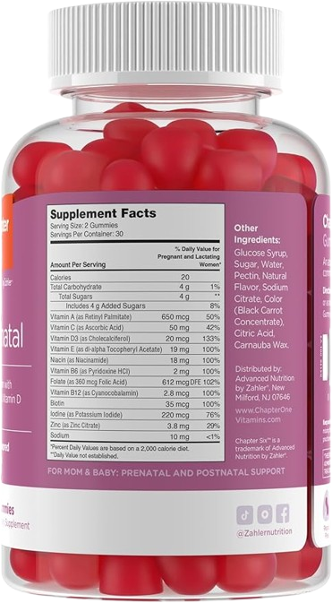 Prenatal Gummies Supplement Facts Label – Folic Acid and B Vitamin Dosage