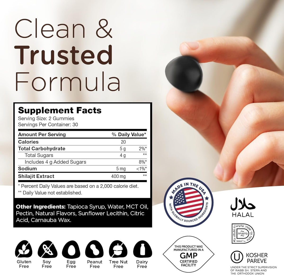 Shilajit Gummies Supplement Facts Label – 400mg Shilajit Extract Dosage Panel