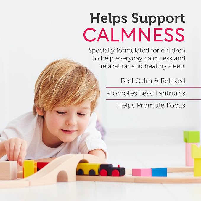 ChildCalm supplement facts panel showing magnesium, L-Theanine and lemon balm for kids