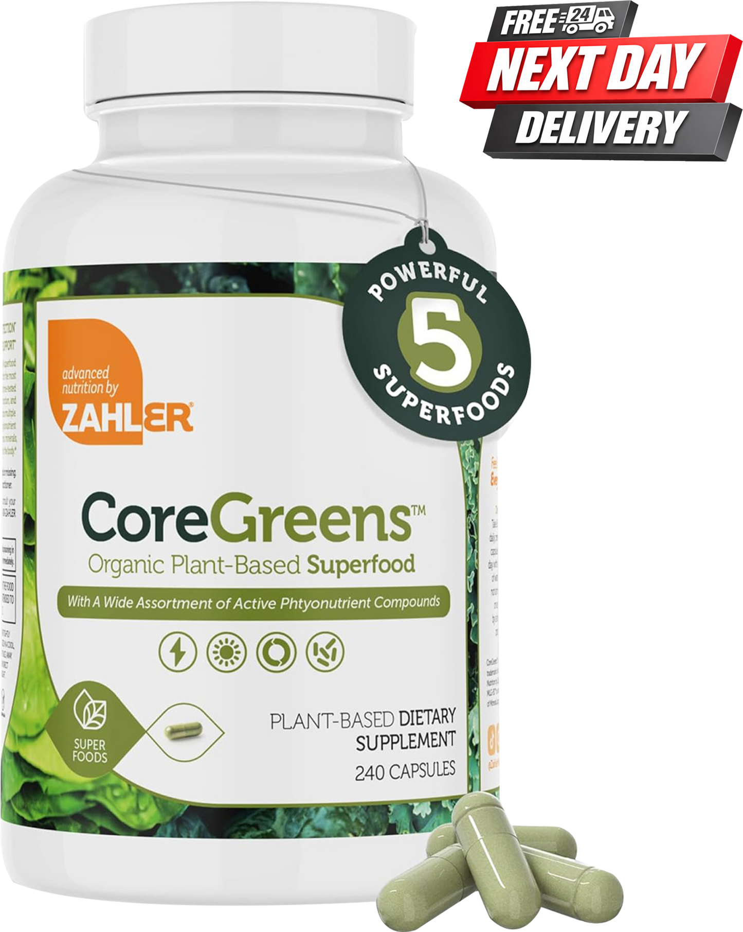 CoreGreens Super Greens Supplement bottle with spirulina and chlorella, 240 capsules