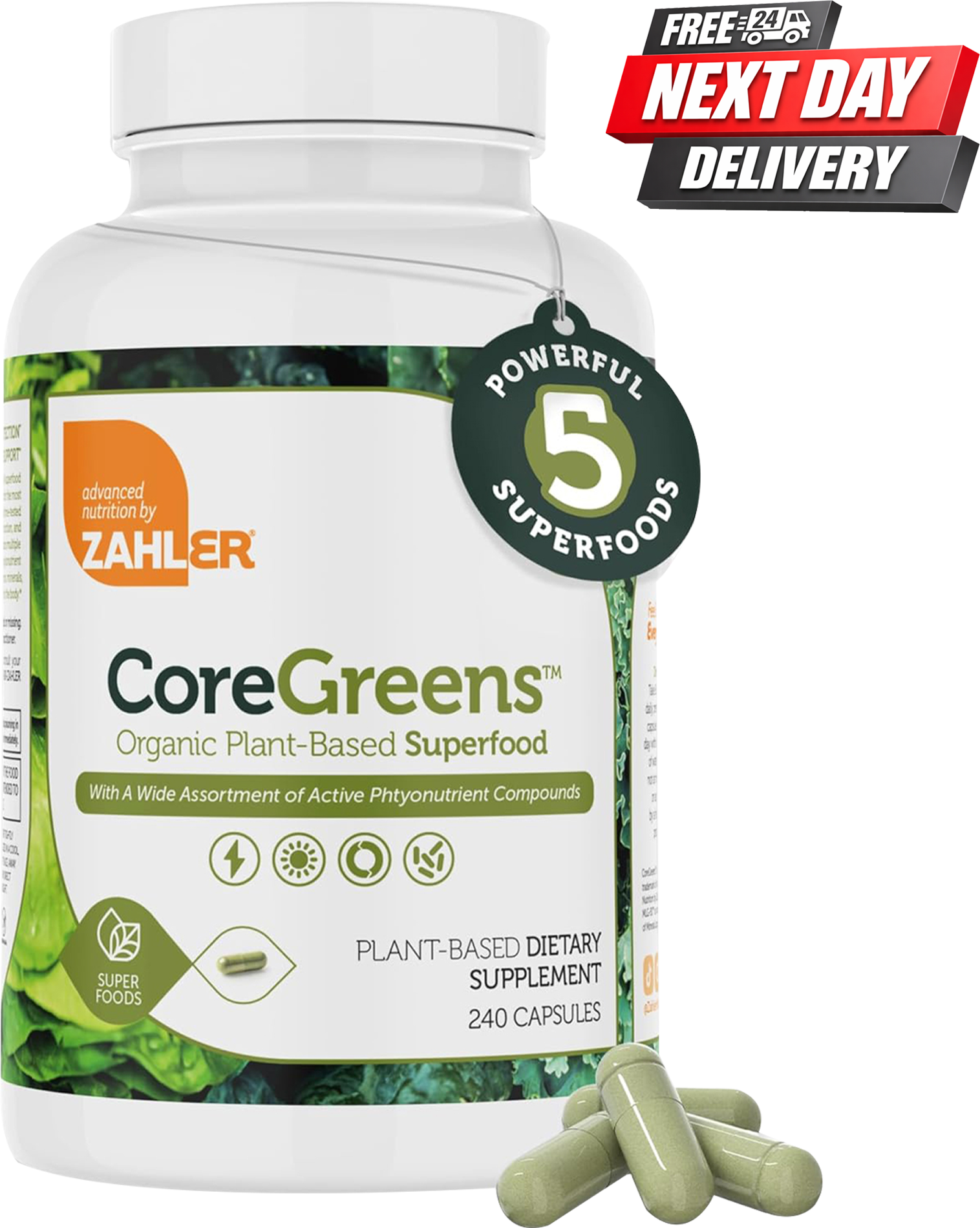 CoreGreens Super Greens Supplement bottle with spirulina and chlorella, 240 capsules